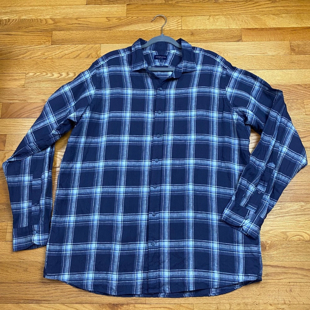 Proper Cloth Linen Button Down Mens‎ 18-36.5 Blue Plaid Coastal Summer Shirt
